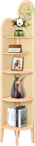 5-Tier Solid Wood Rattan Corner Shelf, Boho Chic Arc Design for Display & Storage, Perfect for Living Room, Bedroom, Bathroom, Natural Brown, 69.29 Inch Tall in Saudi Arabia