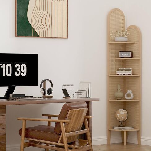 5-Tier Solid Wood Rattan Corner Shelf, Boho Chic Arc Design for Display & Storage, Perfect for Living Room, Bedroom, Bathroom, Natural Brown, 69.29 Inch Tall in Saudi Arabia