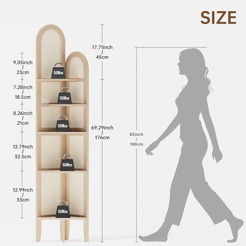 5-Tier Solid Wood Rattan Corner Shelf, Boho Chic Arc Design for Display & Storage, Perfect for Living Room, Bedroom, Bathroom, Natural Brown, 69.29 Inch Tall in Saudi Arabia