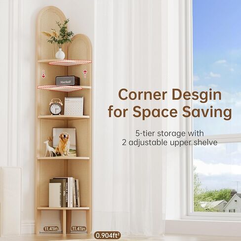 5-Tier Solid Wood Rattan Corner Shelf, Boho Chic Arc Design for Display & Storage, Perfect for Living Room, Bedroom, Bathroom, Natural Brown, 69.29 Inch Tall in Saudi Arabia