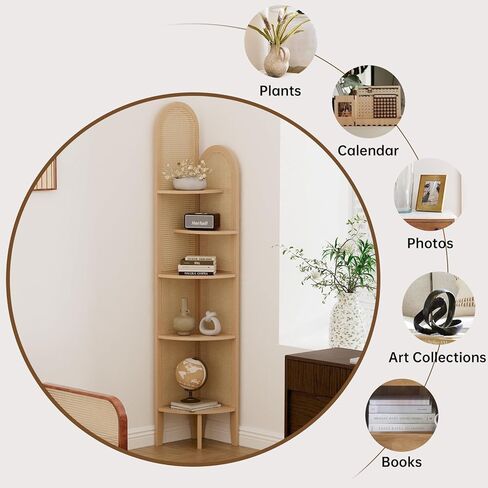 5-Tier Solid Wood Rattan Corner Shelf, Boho Chic Arc Design for Display & Storage, Perfect for Living Room, Bedroom, Bathroom, Natural Brown, 69.29 Inch Tall in Saudi Arabia