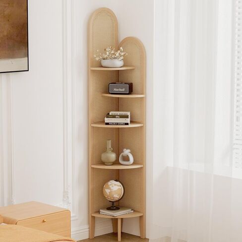 5-Tier Solid Wood Rattan Corner Shelf, Boho Chic Arc Design for Display & Storage, Perfect for Living Room, Bedroom, Bathroom, Natural Brown, 69.29 Inch Tall in Saudi Arabia