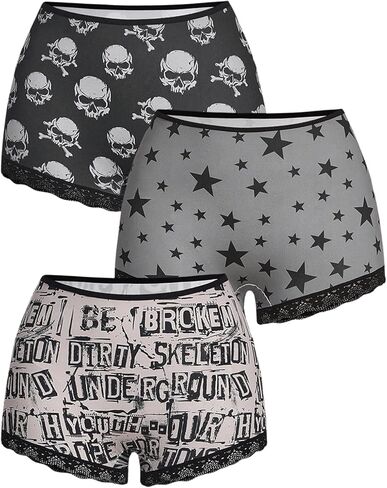 WDIRARA Women's 3 Pack Gothic Skeleton Print Boxer Spooky Lace Trim Mid Rise Briefs Boyshorts in Saudi Arabia