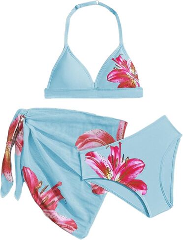 Verdusa Girl's 3 Piece Bikini Sets Boho Floral Backless Halter Top with Cover Up Skirt Swimsuit in Saudi Arabia
