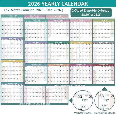 تقويم المسح الجاف 2026 - تقويم حائط سنوي كبير 2026، 38.19 بوصة × 25.2 بوصة، تقويم قابل للعكس على الجانبين 2026، عمودي/أفقي، يناير 2026 - ديسمبر 2026، 2026 تقويم حائط مع ملاحظات وملصقات - متعدد in Kuwait