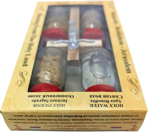 Zuluf Holy Land Set 5 in 1 Olive Wood Cross Set with 4 Bottles - Oil, Jordan Water, Holy Earth and Incense from Jerusalem | Catholic Orthodox Blessing Set from Israel | Religious Israel Gift HLG005 in Saudi Arabia