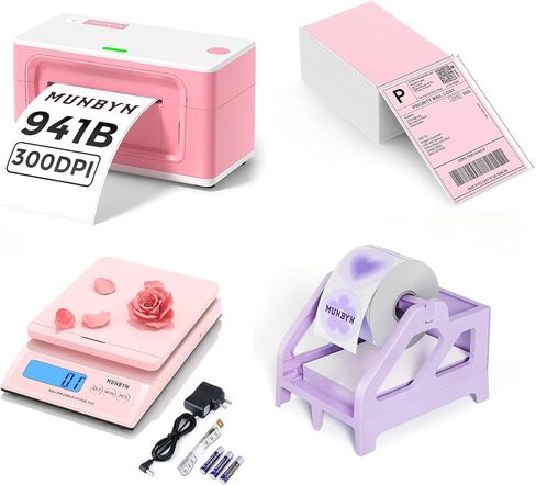 MUNBYN Bluetooth Thermal Label Printer 941B+Pink Shipping Labels+Purple Label Holder+Shipping Scale, Accurate 66lb/0.1oz Postal Scale with Sweet Pink Style in Saudi Arabia