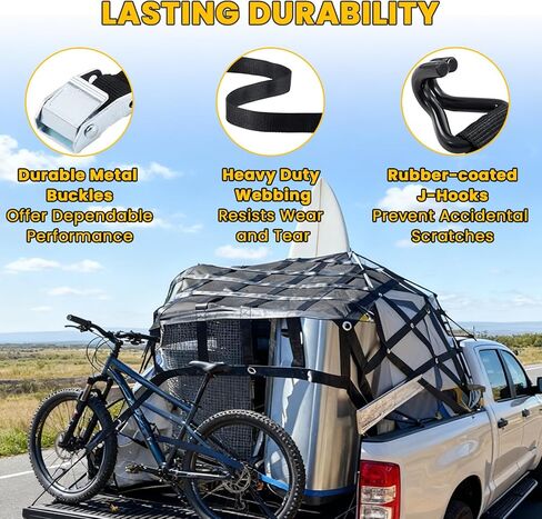 Cargo Net for Pickup Truck Bed, 4.8' x 6' Truck Bed Net, Heavy Duty Pickup Cargo Nets Safety Mesh Net with Cam Buckles & S-Hooks & Cross Straps in Kuwait