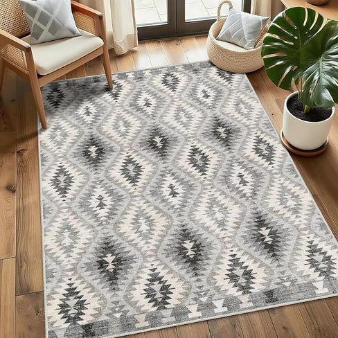 5x7 Area Rugs, Boho Washable Rug for Living Room Bedroom Kitchen Office, Large Rugs Vintage Distressed Oriental Floral Non Slip Carpet, Black in Kuwait