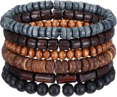 6 عبوات من الأساور الرجالية، أساور مطرزة للرجال، مجموعات أساور مطرزة خشبية عتيقة قابلة للتعديل كهدية لعيد الميلاد لصديق عيد الفصح، مجموعات الجرونج متعددة الطبقات للنساء in Kuwait