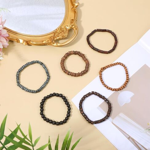 6 عبوات من الأساور الرجالية، أساور مطرزة للرجال، مجموعات أساور مطرزة خشبية عتيقة قابلة للتعديل كهدية لعيد الميلاد لصديق عيد الفصح، مجموعات الجرونج متعددة الطبقات للنساء in Kuwait