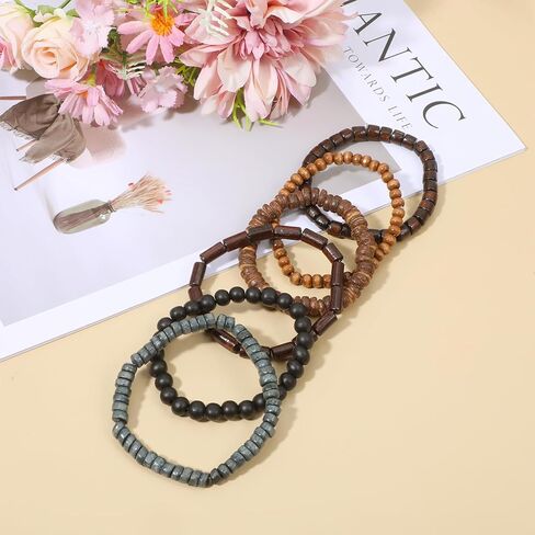 6 عبوات من الأساور الرجالية، أساور مطرزة للرجال، مجموعات أساور مطرزة خشبية عتيقة قابلة للتعديل كهدية لعيد الميلاد لصديق عيد الفصح، مجموعات الجرونج متعددة الطبقات للنساء in Kuwait