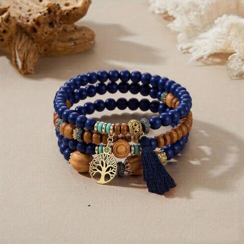 1 set Bohemian Vintage Multicolor Wood Beaded Tassel Elastic Bracelet Kit For Women Handmade Turquoise Multilayer Tassel Bracelet in Saudi Arabia