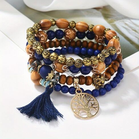 1 set Bohemian Vintage Multicolor Wood Beaded Tassel Elastic Bracelet Kit For Women Handmade Turquoise Multilayer Tassel Bracelet in Saudi Arabia