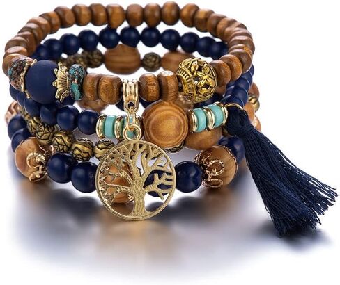 1 set Bohemian Vintage Multicolor Wood Beaded Tassel Elastic Bracelet Kit For Women Handmade Turquoise Multilayer Tassel Bracelet in Saudi Arabia