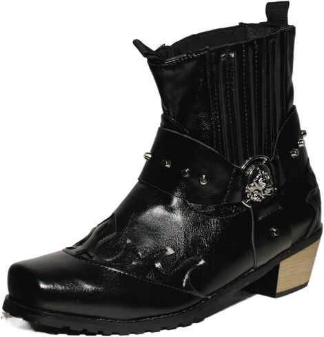 Men'S Buckle Style Denim Belt Boots Suit Style Denim Boots Pointed Metal Design Classical Embroidery - Zipper Style Wearing Method Ankle Boots Men'S Fashionable Block Heeled Boots in Saudi Arabia