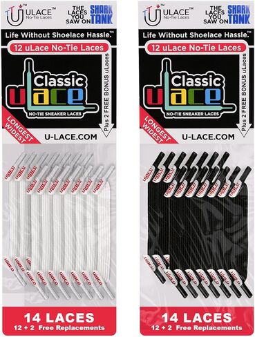 أربطة أحذية U-Lace uLace الكلاسيكية بدون رباط - أربطة أحذية مرنة للأحذية الرياضية وأحذية الجري - قابلة للتمدد، منسوجة لتوفير الراحة - سهلة التركيب وملاءمة مريحة - حزمة حزمة، 14 رباط أبيض و14 رباط أسود in Kuwait