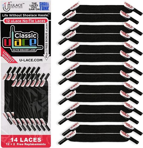 أربطة أحذية U-Lace uLace الكلاسيكية بدون رباط - أربطة أحذية مرنة للأحذية الرياضية وأحذية الجري - قابلة للتمدد، منسوجة لتوفير الراحة - سهلة التركيب وملاءمة مريحة - حزمة حزمة، 14 رباط أبيض و14 رباط أسود in Kuwait
