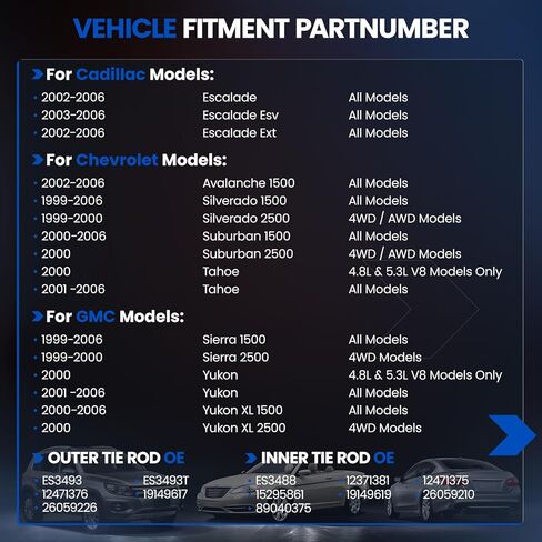 4 قطع ES3488 ES3493 طقم أطراف قضيب ربط أمامي داخلي/خارجي متوافق مع Chevy 1999-2006 Tahoe Silverado 1500، متوافق مع Cadillac Escalade ESV 2002-2006، مناسب لـ GMC Sierra 1500 Yukon in Kuwait
