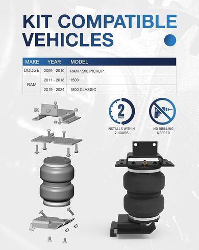TOPICK Rear Air Bags Suspension Kit for 2009-2024 DODGE Ram 1500 Truck Towing, 5,000 LBS of Load Leveling Capacity, Replacement for Air Lift 57365 Ride Rite Airbags for Trucks Suspension Kit in Kuwait