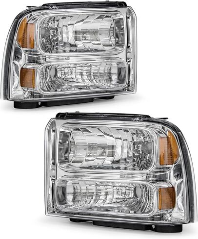 Headlight Assembly Compatible with 2005 2006 2007 Ford F250 F350 F450 F550 Super Duty /2005 Ford Excursion Chrome Housing Amber Reflector Driver and Passenger Side in Kuwait