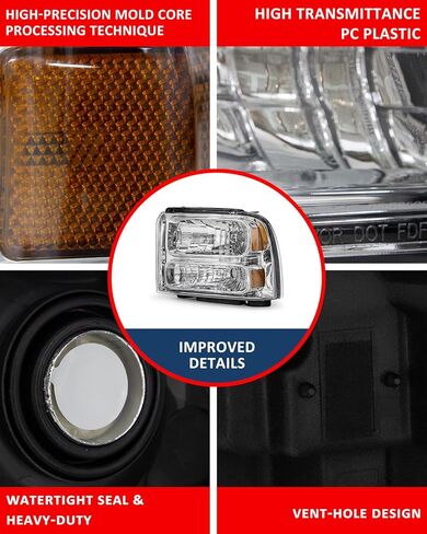 Headlight Assembly Compatible with 2005 2006 2007 Ford F250 F350 F450 F550 Super Duty /2005 Ford Excursion Chrome Housing Amber Reflector Driver and Passenger Side in Kuwait
