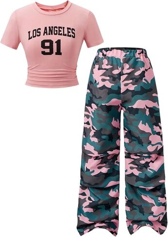 OYOANGLE Girl's 2 Piece Outfits Y2K Short Sleeve Ruched Graphic Tee and Camo Cargo Pants Clothing Set in Saudi Arabia