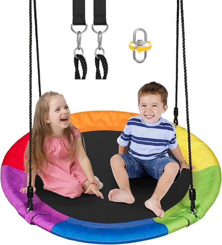 DECORLIFE 40 Inch Saucer Swing for Kids Outdoor, 700lb Weight Capacity, Tree Swing with Hanging Straps, 360° Rotate Swivel, Adjustable Ropes, 900D Oxford Waterproof, Multicolor, Round in Kuwait