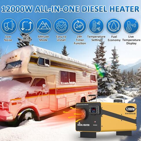 سخان ديزل 110 فولت/12/24 فولت 12000 وات، سخان انتظار ديزل هواء الكل في واحد بتصميم أنيق، يأتي مع جهاز تحكم عن بعد وشاشة LCD، وظيفة مؤقت لمرآب متجر المنزل (بدون موقوتة) in Kuwait