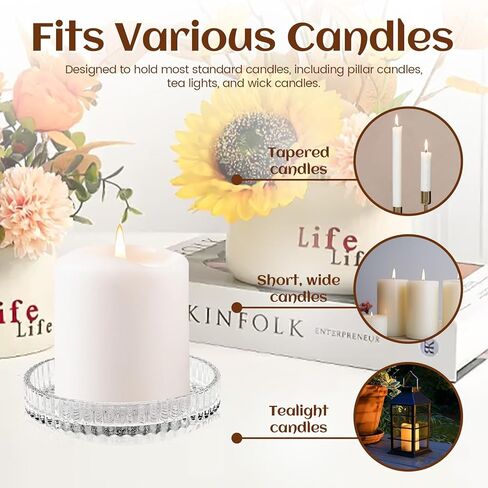 لوحة حامل شموع على شكل عمود زجاجي من دياكي، مجموعة من 6 قطع، 3.5 بوصة صينية شموع كريستالية شفافة مستديرة، حامل ديكور لتناول الطعام وحفلات الزفاف وديكور الطاولة المركزية in Kuwait