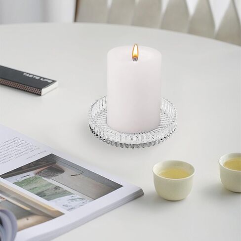 لوحة حامل شموع على شكل عمود زجاجي من دياكي، مجموعة من 6 قطع، 3.5 بوصة صينية شموع كريستالية شفافة مستديرة، حامل ديكور لتناول الطعام وحفلات الزفاف وديكور الطاولة المركزية in Kuwait