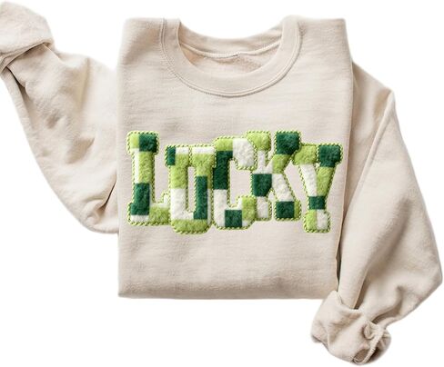 سويت شيرت Lucky St. Patrick's Day للنساء - نمط رقعة شامروك أخضر، رقبة مستديرة - بلوفر مريح للعطلات الأيرلندية in Kuwait