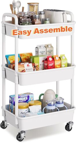 3 Tier Rolling Cart with Wheels, Black Plastic Three Tiered Shelf Organizer Carts on Lockable Wheels, Small Utility Storage Trolley for Diaper Caddy, Snack, Art, Cleaning Supplies, Kitchen, Bathroom in Saudi Arabia