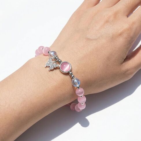Cat Eye Stone Bracelet for Women, Gray Crystal Butterfly Design Bracelet, Crystal Stone Jewelry Gift for Women Men Family Friends PINK in Saudi Arabia