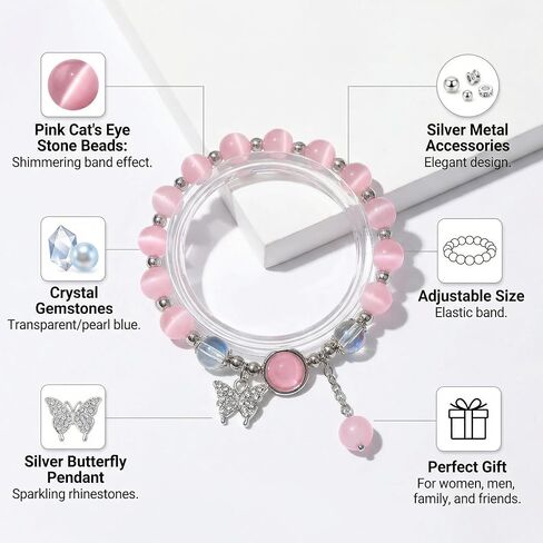 Cat Eye Stone Bracelet for Women, Gray Crystal Butterfly Design Bracelet, Crystal Stone Jewelry Gift for Women Men Family Friends PINK in Saudi Arabia