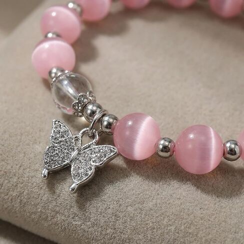 Cat Eye Stone Bracelet for Women, Gray Crystal Butterfly Design Bracelet, Crystal Stone Jewelry Gift for Women Men Family Friends PINK in Saudi Arabia