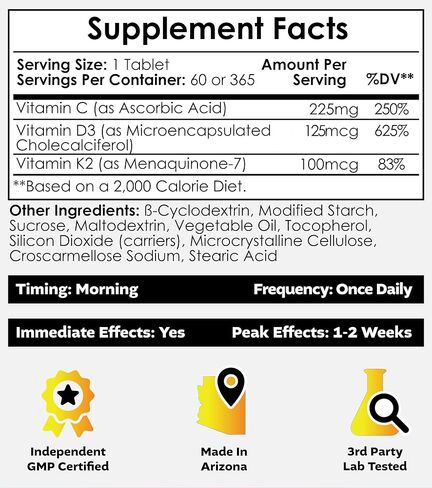 Nootropics Depot Vitamin D3 + K2 with Vitamin C Tablets | 365 Count | 125μg | Equivalent to 5000 IU | Year Supply in Saudi Arabia