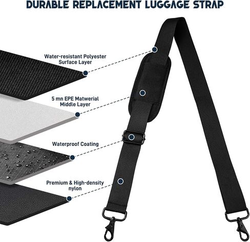 حزام كتف 72 بوصة، حزام كتف بديل عالمي قابل للتعديل لحقيبة الكمبيوتر المحمول مع أبازيم وخطافات معدنية لحقيبة الكمبيوتر المحمول وحقيبة كروس وحقيبة الأمتعة/القماش القماشي، أسود in Kuwait