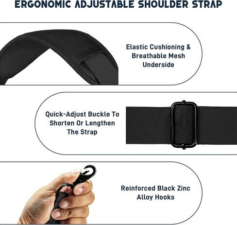 حزام كتف 72 بوصة، حزام كتف بديل عالمي قابل للتعديل لحقيبة الكمبيوتر المحمول مع أبازيم وخطافات معدنية لحقيبة الكمبيوتر المحمول وحقيبة كروس وحقيبة الأمتعة/القماش القماشي، أسود in Kuwait
