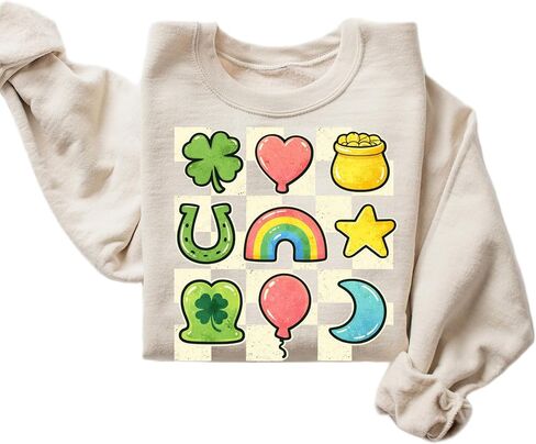 سويت شيرت برسومات Lucky Icons للنساء - بلوفر ممتع يحمل طابع عيد القديس باتريك in Kuwait