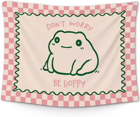 XLDLIOO Cute Funny Frog Classroom Tapestry, Don't Worry Be Hoppy Pink Checkered Wall Tapestry Hanging for Bedroom, Cute Frog Funny Tapestries Decor Art for Home Office Girly Room Dorm 40x30in in Saudi Arabia