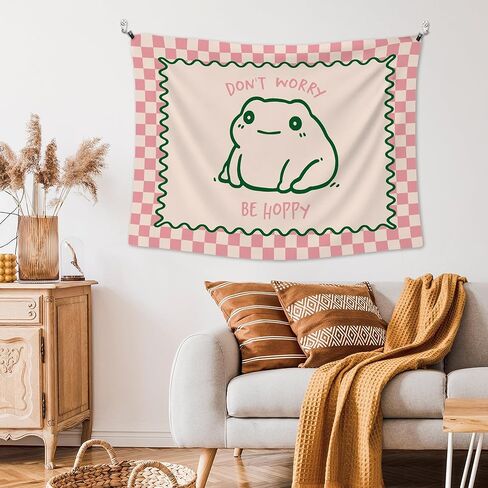 XLDLIOO Cute Funny Frog Classroom Tapestry, Don't Worry Be Hoppy Pink Checkered Wall Tapestry Hanging for Bedroom, Cute Frog Funny Tapestries Decor Art for Home Office Girly Room Dorm 40x30in in Saudi Arabia