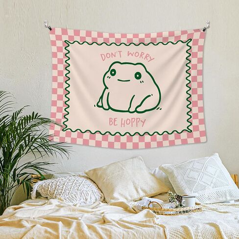 XLDLIOO Cute Funny Frog Classroom Tapestry, Don't Worry Be Hoppy Pink Checkered Wall Tapestry Hanging for Bedroom, Cute Frog Funny Tapestries Decor Art for Home Office Girly Room Dorm 40x30in in Saudi Arabia