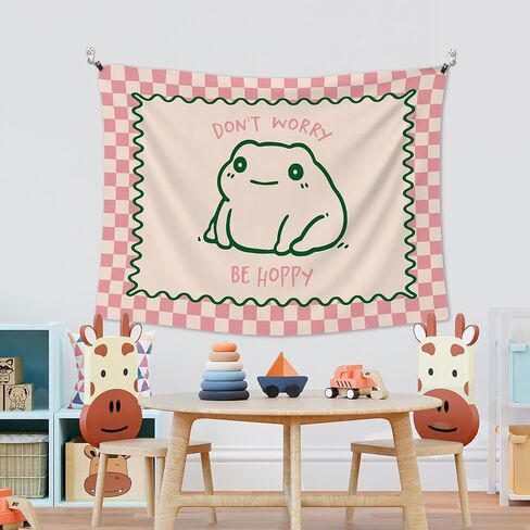 XLDLIOO Cute Funny Frog Classroom Tapestry, Don't Worry Be Hoppy Pink Checkered Wall Tapestry Hanging for Bedroom, Cute Frog Funny Tapestries Decor Art for Home Office Girly Room Dorm 40x30in in Saudi Arabia