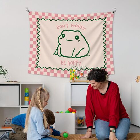 XLDLIOO Cute Funny Frog Classroom Tapestry, Don't Worry Be Hoppy Pink Checkered Wall Tapestry Hanging for Bedroom, Cute Frog Funny Tapestries Decor Art for Home Office Girly Room Dorm 40x30in in Saudi Arabia