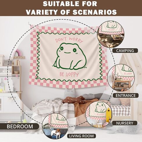 XLDLIOO Cute Funny Frog Classroom Tapestry, Don't Worry Be Hoppy Pink Checkered Wall Tapestry Hanging for Bedroom, Cute Frog Funny Tapestries Decor Art for Home Office Girly Room Dorm 40x30in in Saudi Arabia