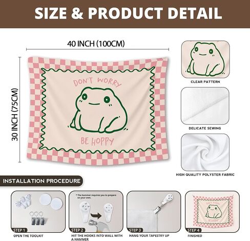 XLDLIOO Cute Funny Frog Classroom Tapestry, Don't Worry Be Hoppy Pink Checkered Wall Tapestry Hanging for Bedroom, Cute Frog Funny Tapestries Decor Art for Home Office Girly Room Dorm 40x30in in Saudi Arabia