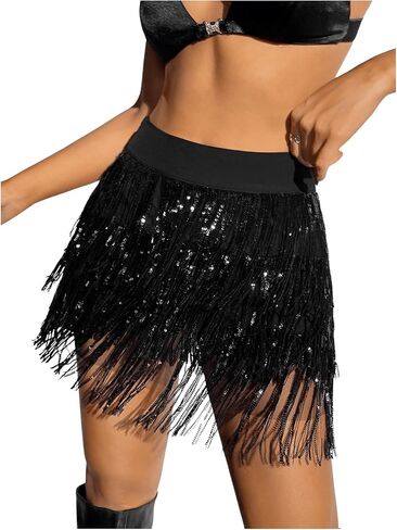 MakeMeChic Women's Sequin Skirt Sparkle Dance Concert Outfits Fringe Cowgirl Party Mini Skorts in Kuwait