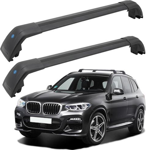 حامل سقف قضيب متقاطع SYDSZ مناسب لسيارات BMW X3 G01 2018 2019 2020 2021 2022 2023 2024 2025، قضبان جانبية متدفقة، قضبان متقاطعة من الألومنيوم عالي التحمل على السطح، رف تزلج لسقف السيارة in Kuwait