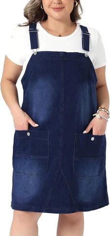 Agnes Orinda Plus Size Women's Denim Overalls Dress Adjustable Strap Bib Suspender Skirts Jeans Dresses with Pockets in Saudi Arabia